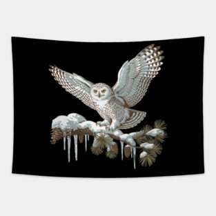 Snowy Owl on Winter Pine Branch Vintage Illustration Tapestry