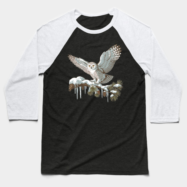 Snowy Owl on Winter Pine Branch Vintage Illustration Baseball T-Shirt by BirdsnStuff
