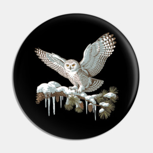 Snowy Owl on Winter Pine Branch Vintage Illustration Pin