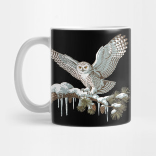 Snowy Owl on Winter Pine Branch Vintage Illustration Mug