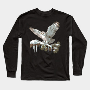Snowy Owl on Winter Pine Branch Vintage Illustration Long Sleeve T-Shirt