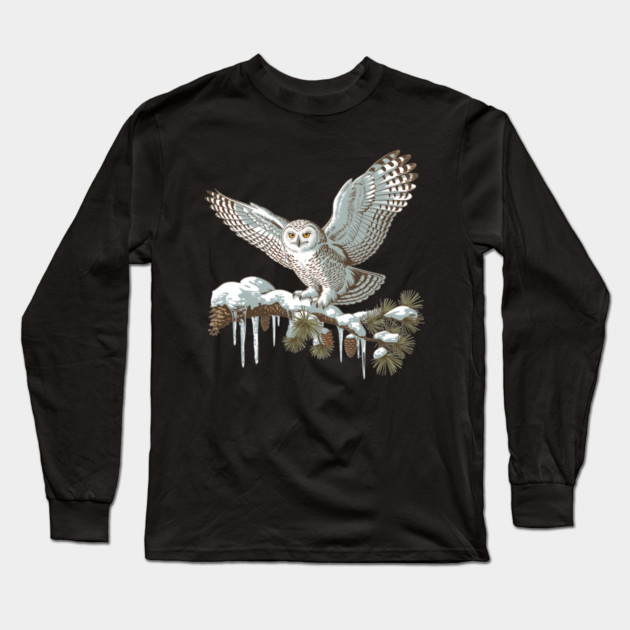 Snowy Owl on Winter Pine Branch Vintage Illustration Long Sleeve T-Shirt by BirdsnStuff