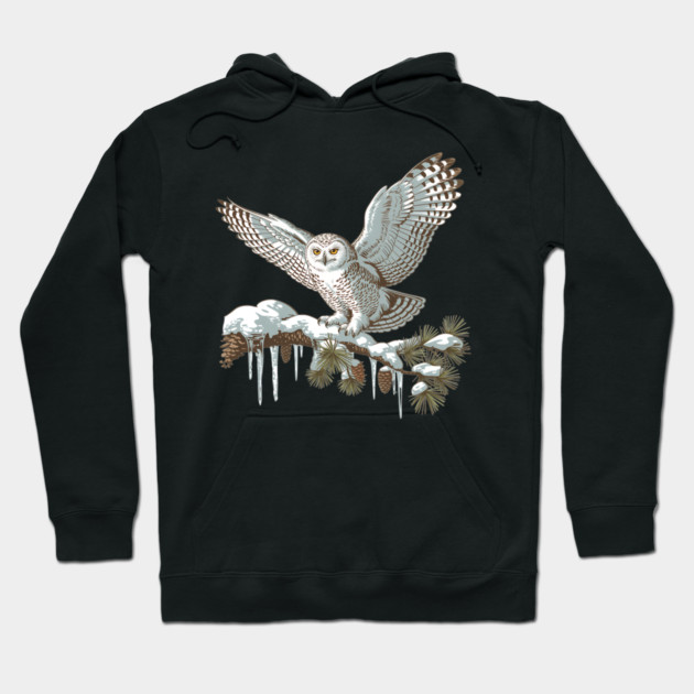 Snowy Owl on Winter Pine Branch Vintage Illustration Hoodie by BirdsnStuff
