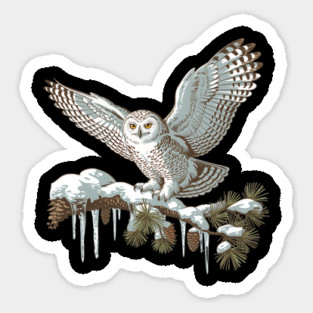 Snowy Owl on Winter Pine Branch Vintage Illustration Magnet