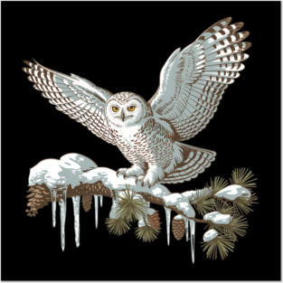 Snowy Owl on Winter Pine Branch Vintage Illustration Posters and Art