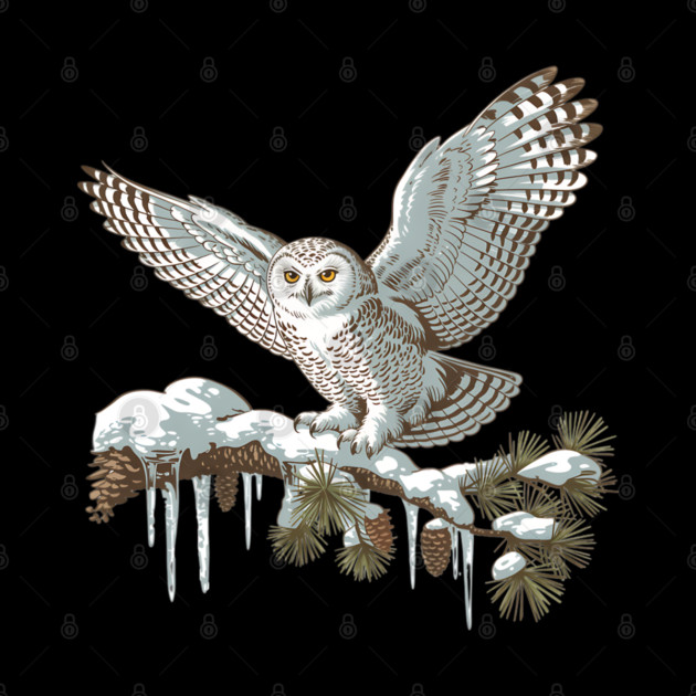Snowy Owl on Winter Pine Branch Vintage Illustration by BirdsnStuff