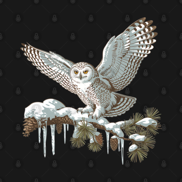 Snowy Owl on Winter Pine Branch Vintage Illustration by BirdsnStuff