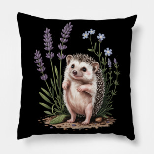 Cute Hedgehog with Lavender and Blue Wildflowers Pillow