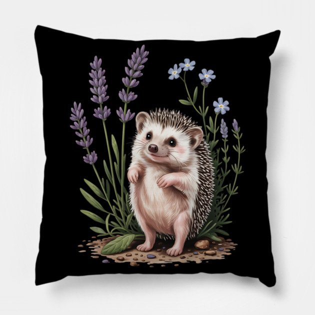 Cute Hedgehog with Lavender and Blue Wildflowers Pillow by BirdsnStuff