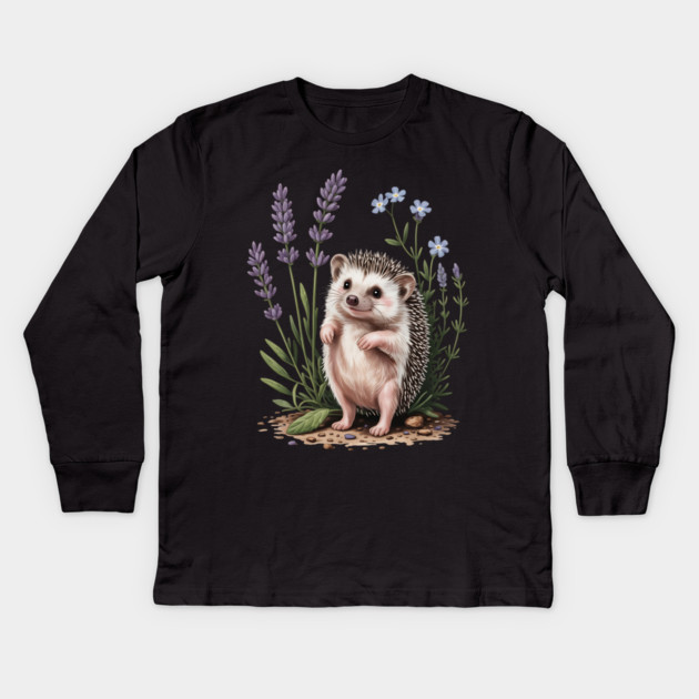 Cute Hedgehog with Lavender and Blue Wildflowers Kids Long Sleeve T-Shirt by BirdsnStuff