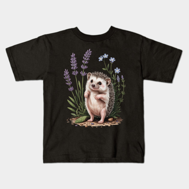 Cute Hedgehog with Lavender and Blue Wildflowers Kids T-Shirt by BirdsnStuff