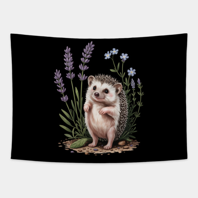 Cute Hedgehog with Lavender and Blue Wildflowers Tapestry by BirdsnStuff