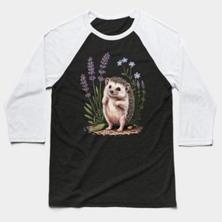 Cute Hedgehog with Lavender and Blue Wildflowers Baseball T-Shirt