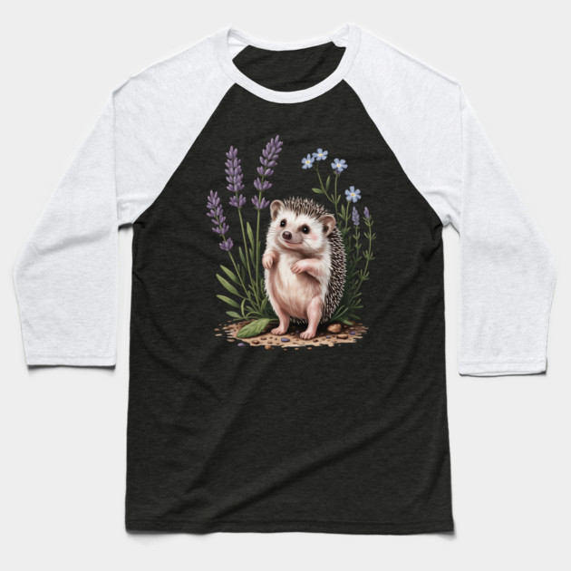 Cute Hedgehog with Lavender and Blue Wildflowers Baseball T-Shirt by BirdsnStuff