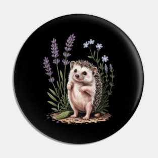 Cute Hedgehog with Lavender and Blue Wildflowers Pin