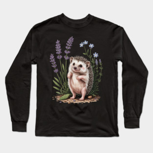 Cute Hedgehog with Lavender and Blue Wildflowers Long Sleeve T-Shirt