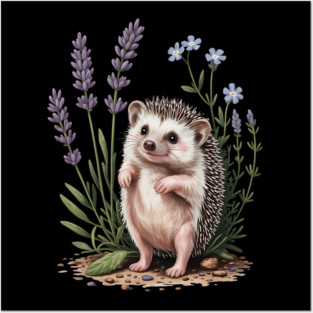 Cute Hedgehog with Lavender and Blue Wildflowers Posters and Art