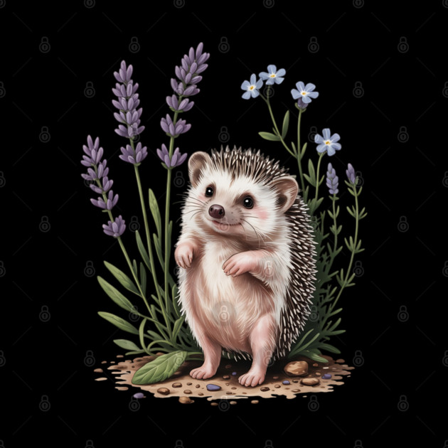 Cute Hedgehog with Lavender and Blue Wildflowers by BirdsnStuff