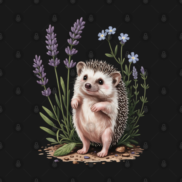 Cute Hedgehog with Lavender and Blue Wildflowers by BirdsnStuff