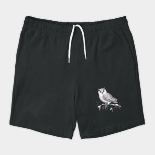 Snowy Owl on Icy Pine Branch Vintage Winter Art Shorts
