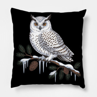Snowy Owl on Icy Pine Branch Vintage Winter Art Pillow