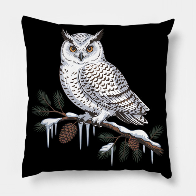 Snowy Owl on Icy Pine Branch Vintage Winter Art Pillow by BirdsnStuff