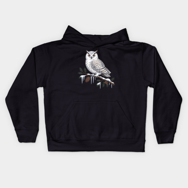 Snowy Owl on Icy Pine Branch Vintage Winter Art Kids Hoodie by BirdsnStuff