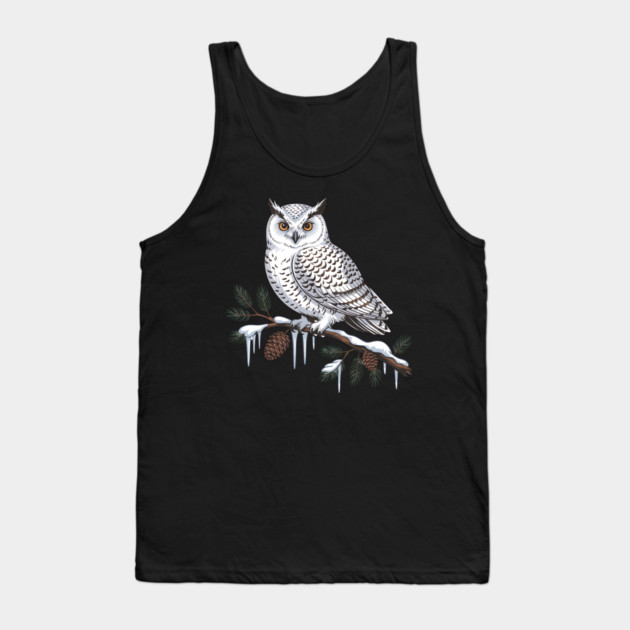 Snowy Owl on Icy Pine Branch Vintage Winter Art Tank Top by BirdsnStuff