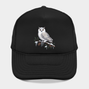 Snowy Owl on Icy Pine Branch Vintage Winter Art Hat
