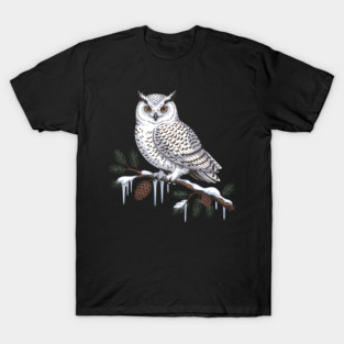 Snowy Owl on Icy Pine Branch Vintage Winter Art T-Shirt