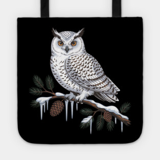 Snowy Owl on Icy Pine Branch Vintage Winter Art Tote