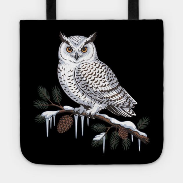 Snowy Owl on Icy Pine Branch Vintage Winter Art Tote by BirdsnStuff