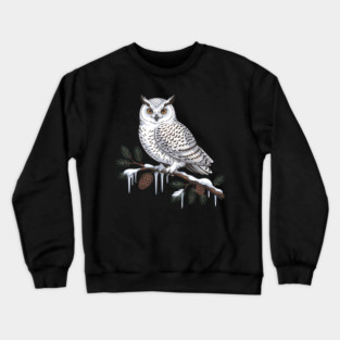 Snowy Owl on Icy Pine Branch Vintage Winter Art Crewneck Sweatshirt