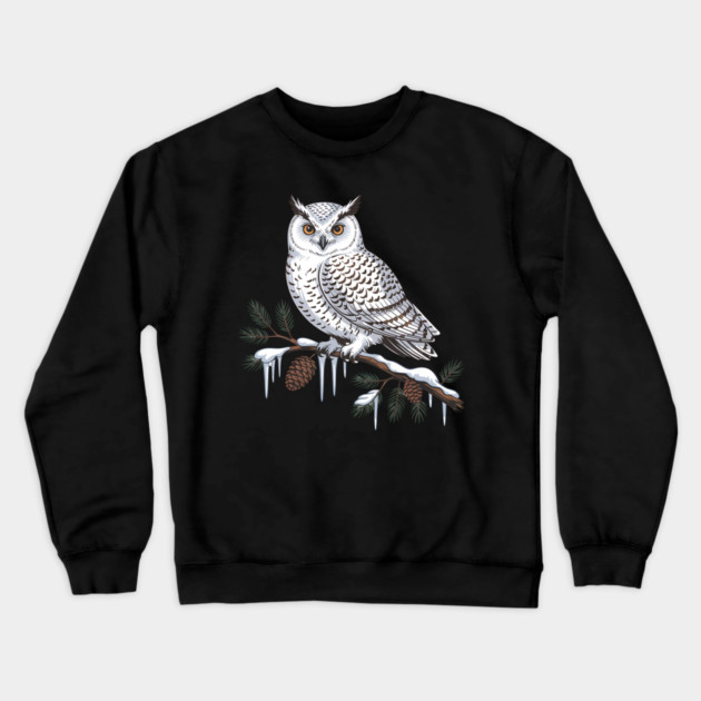 Snowy Owl on Icy Pine Branch Vintage Winter Art Crewneck Sweatshirt by BirdsnStuff