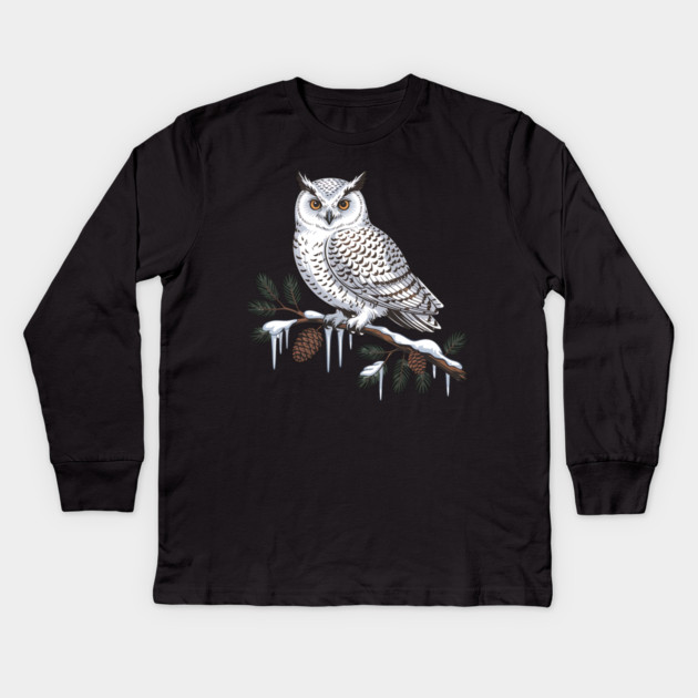 Snowy Owl on Icy Pine Branch Vintage Winter Art Kids Long Sleeve T-Shirt by BirdsnStuff