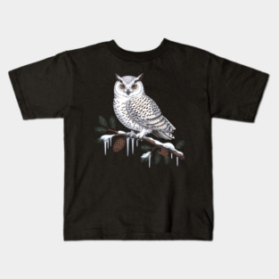 Snowy Owl on Icy Pine Branch Vintage Winter Art Kids T-Shirt