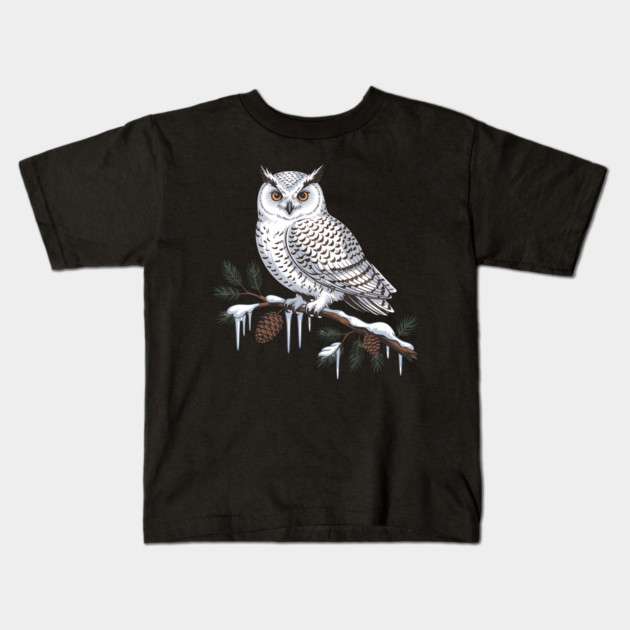 Snowy Owl on Icy Pine Branch Vintage Winter Art Kids T-Shirt by BirdsnStuff