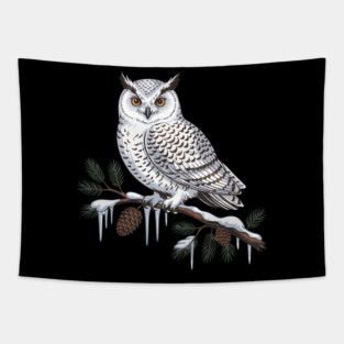 Snowy Owl on Icy Pine Branch Vintage Winter Art Tapestry