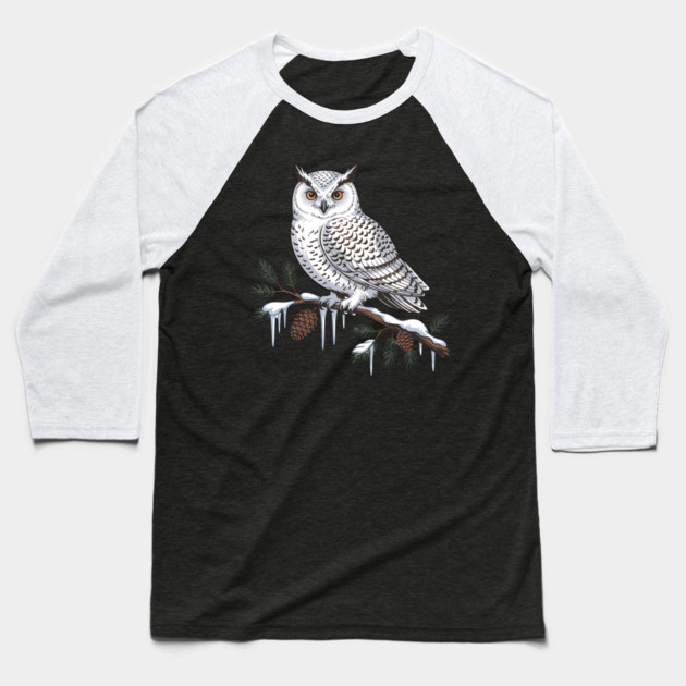 Snowy Owl on Icy Pine Branch Vintage Winter Art Baseball T-Shirt by BirdsnStuff