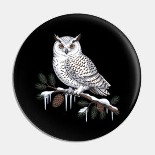 Snowy Owl on Icy Pine Branch Vintage Winter Art Pin