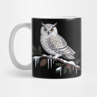 Snowy Owl on Icy Pine Branch Vintage Winter Art Mug