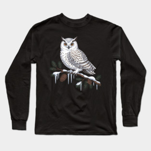 Snowy Owl on Icy Pine Branch Vintage Winter Art Long Sleeve T-Shirt