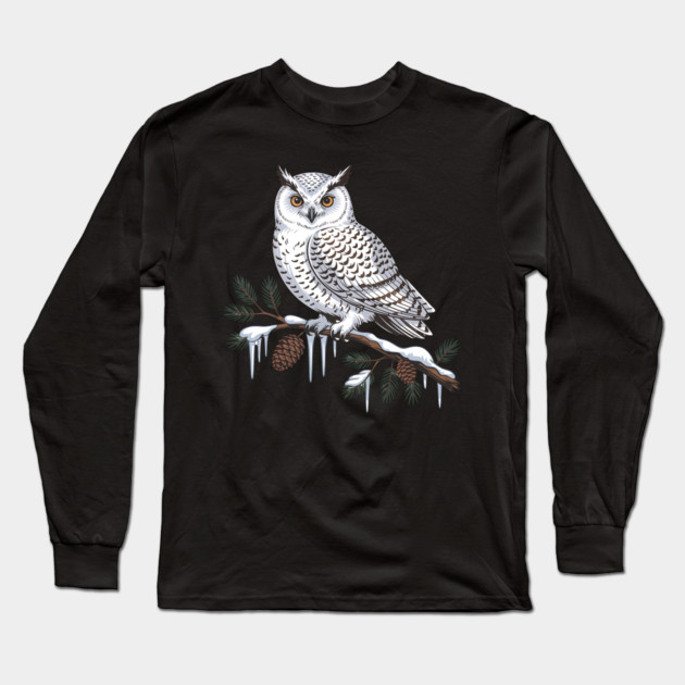 Snowy Owl on Icy Pine Branch Vintage Winter Art Long Sleeve T-Shirt by BirdsnStuff