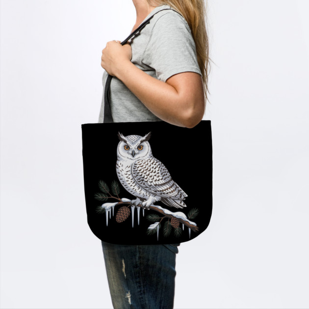 Snowy Owl on Icy Pine Branch Vintage Winter Art by BirdsnStuff