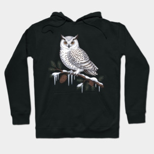 Snowy Owl on Icy Pine Branch Vintage Winter Art Hoodie