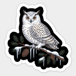 Snowy Owl on Icy Pine Branch Vintage Winter Art Sticker