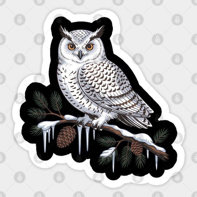 Snowy Owl on Icy Pine Branch Vintage Winter Art Sticker by BirdsnStuff