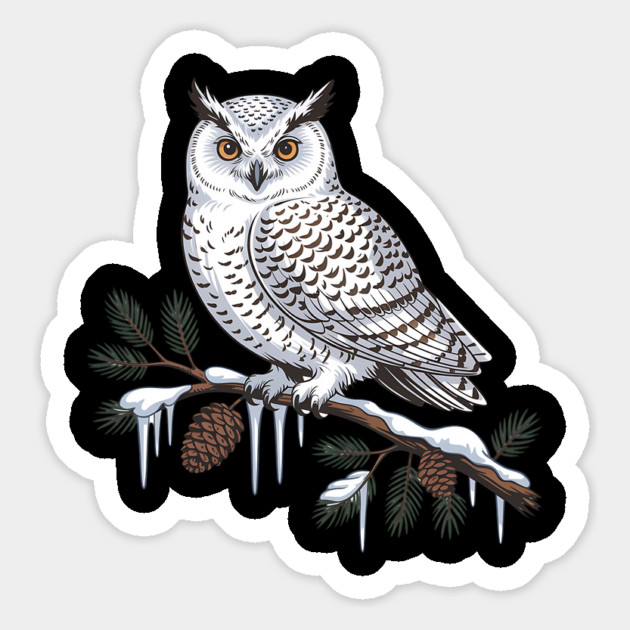 Snowy Owl on Icy Pine Branch Vintage Winter Art Magnet by BirdsnStuff