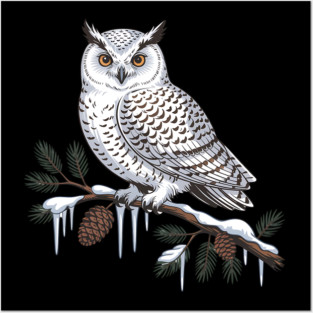 Snowy Owl on Icy Pine Branch Vintage Winter Art Posters and Art
