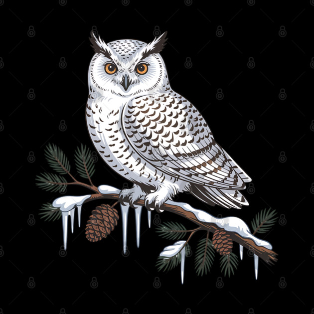 Snowy Owl on Icy Pine Branch Vintage Winter Art by BirdsnStuff